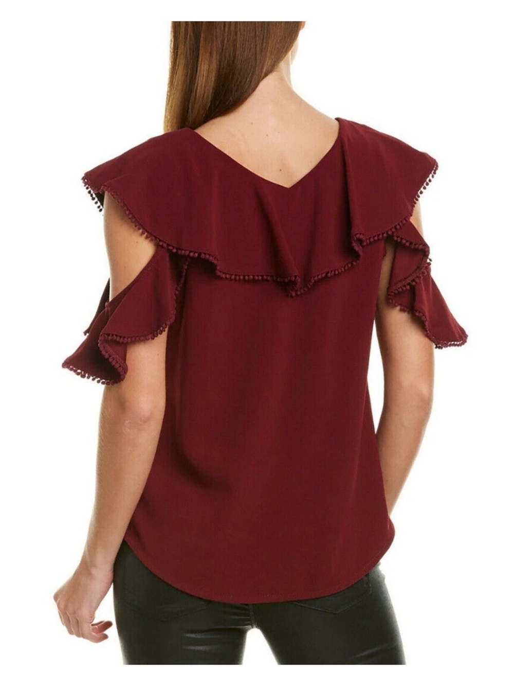 Trina Turk Burgundy Ruffle Sleeve Cold Shoulder Blouse V-Neck Flutter Sleeve Top - Picture 2 of 10